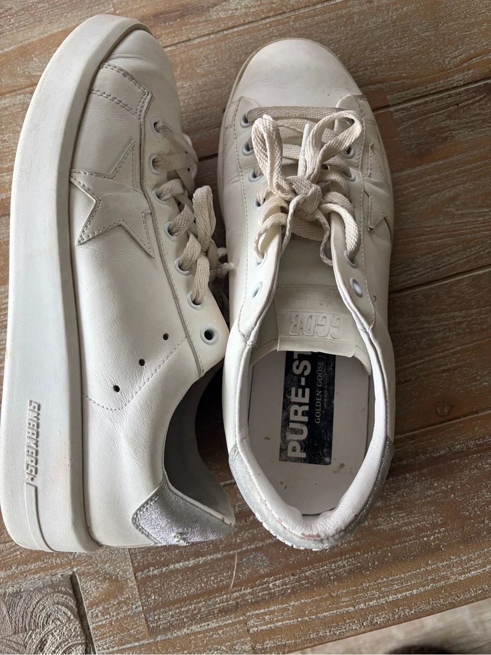 Golden Goose White Leather Platform Sneakers with Silver Heel